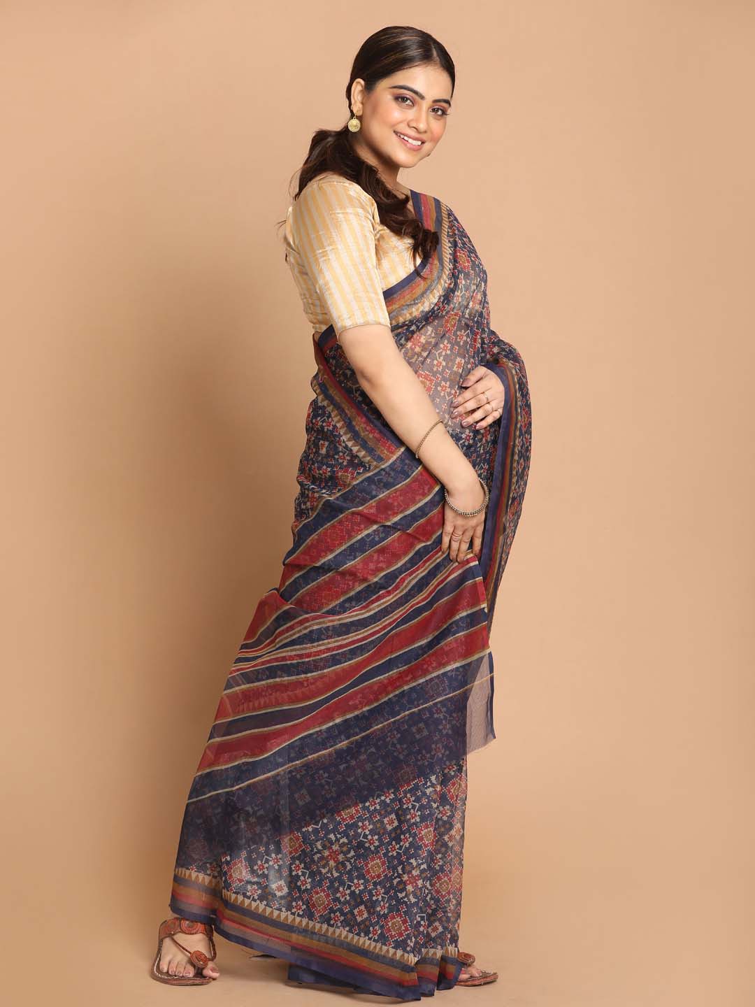 Indethnic Printed Cotton Blend Saree in Blue - View 2