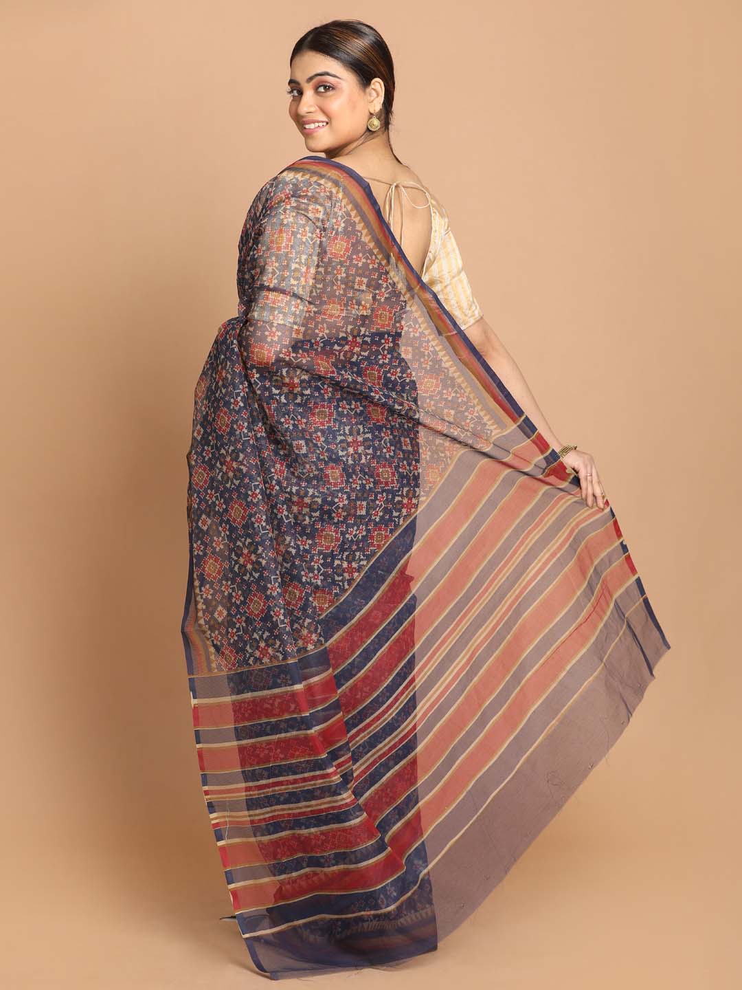 Indethnic Printed Cotton Blend Saree in Blue - View 3