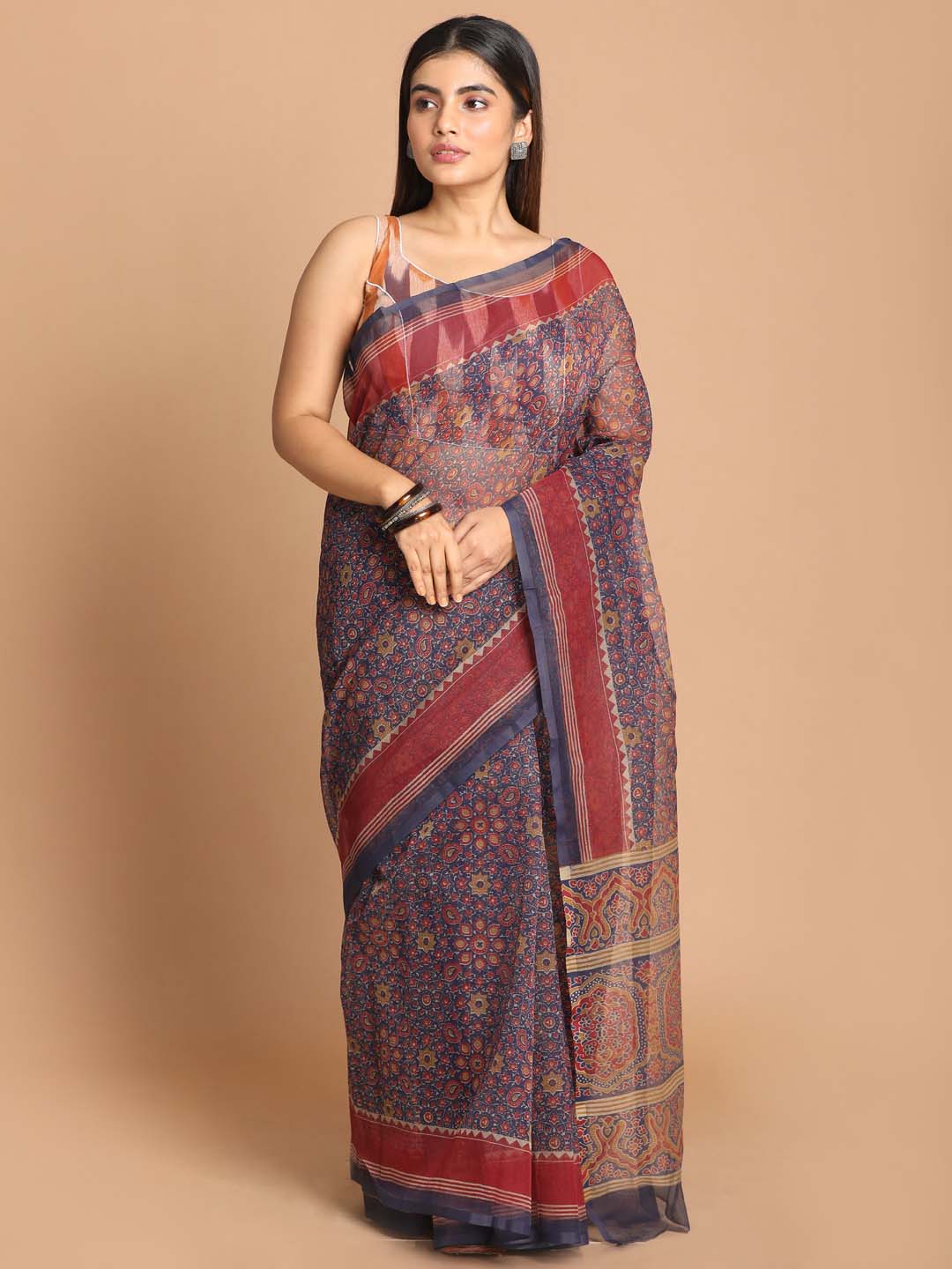 Indethnic Printed Cotton Blend Saree in Blue - View 1