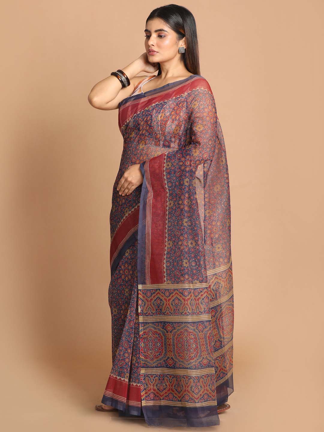 Indethnic Printed Cotton Blend Saree in Blue - View 2