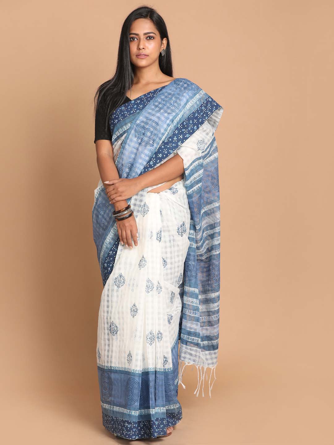 Indethnic Printed Cotton Blend Saree in blue - View 1