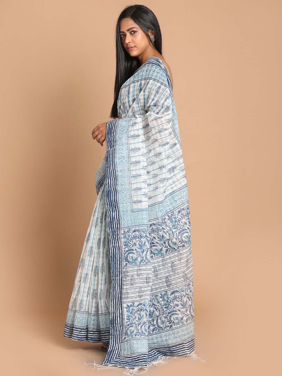 Indethnic Printed Cotton Blend Saree in Blue - View 2