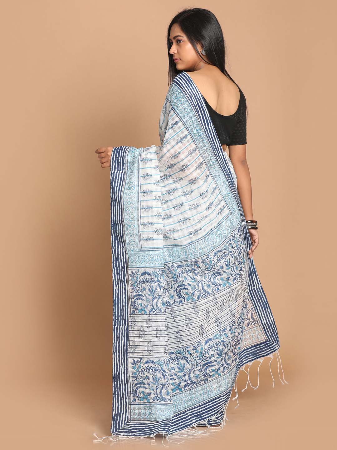 Indethnic Printed Cotton Blend Saree in Blue - View 3