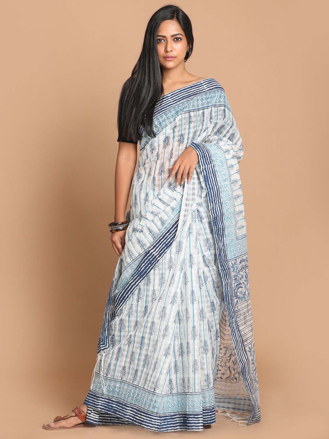 Indethnic Printed Cotton Blend Saree in Blue - View 1