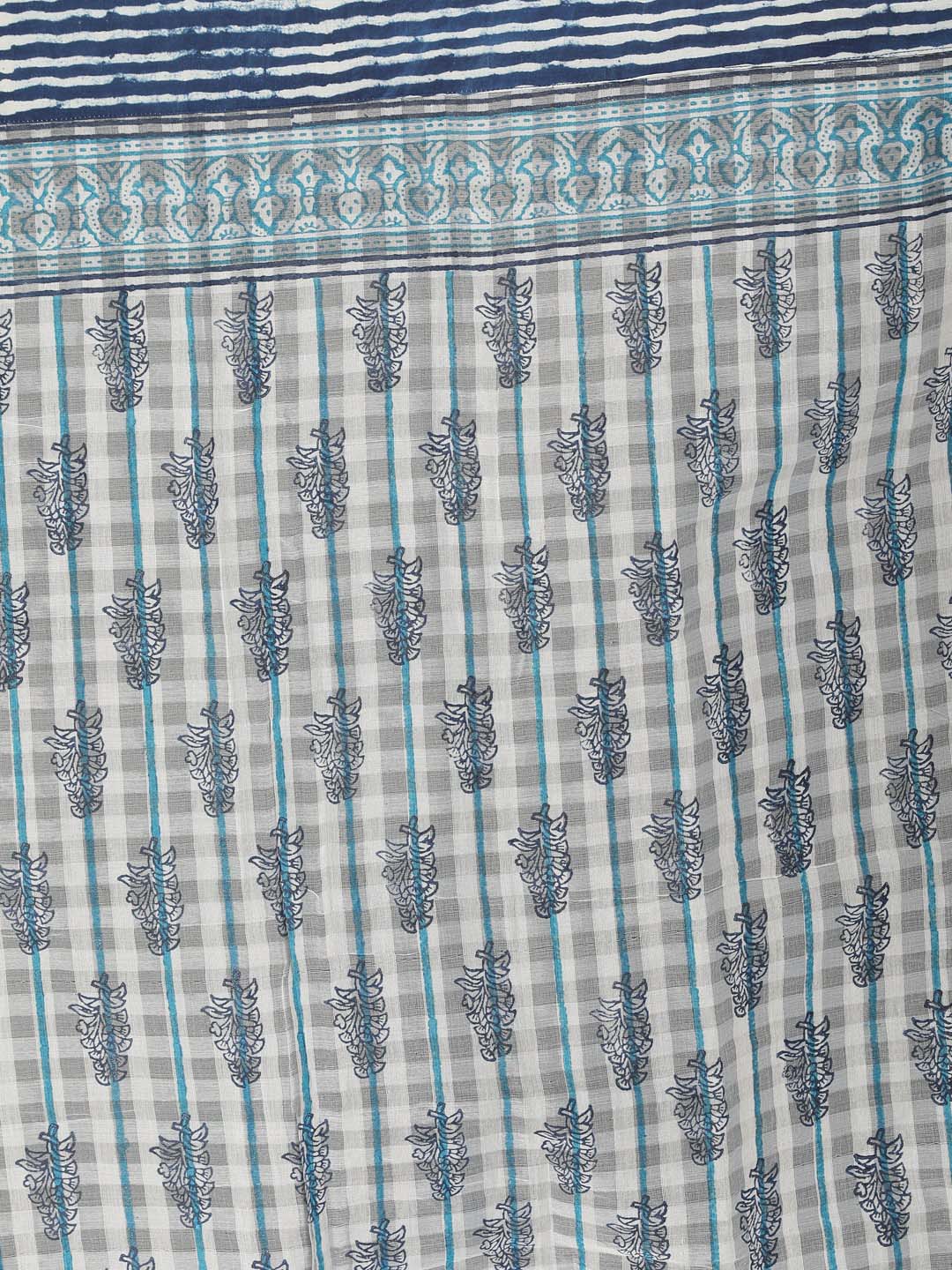 Indethnic Printed Cotton Blend Saree in Blue - Saree Detail View