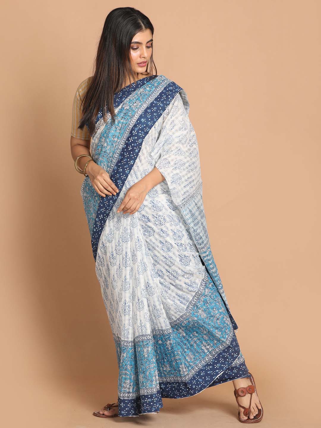 Indethnic Printed Cotton Blend Saree in Blue - View 1