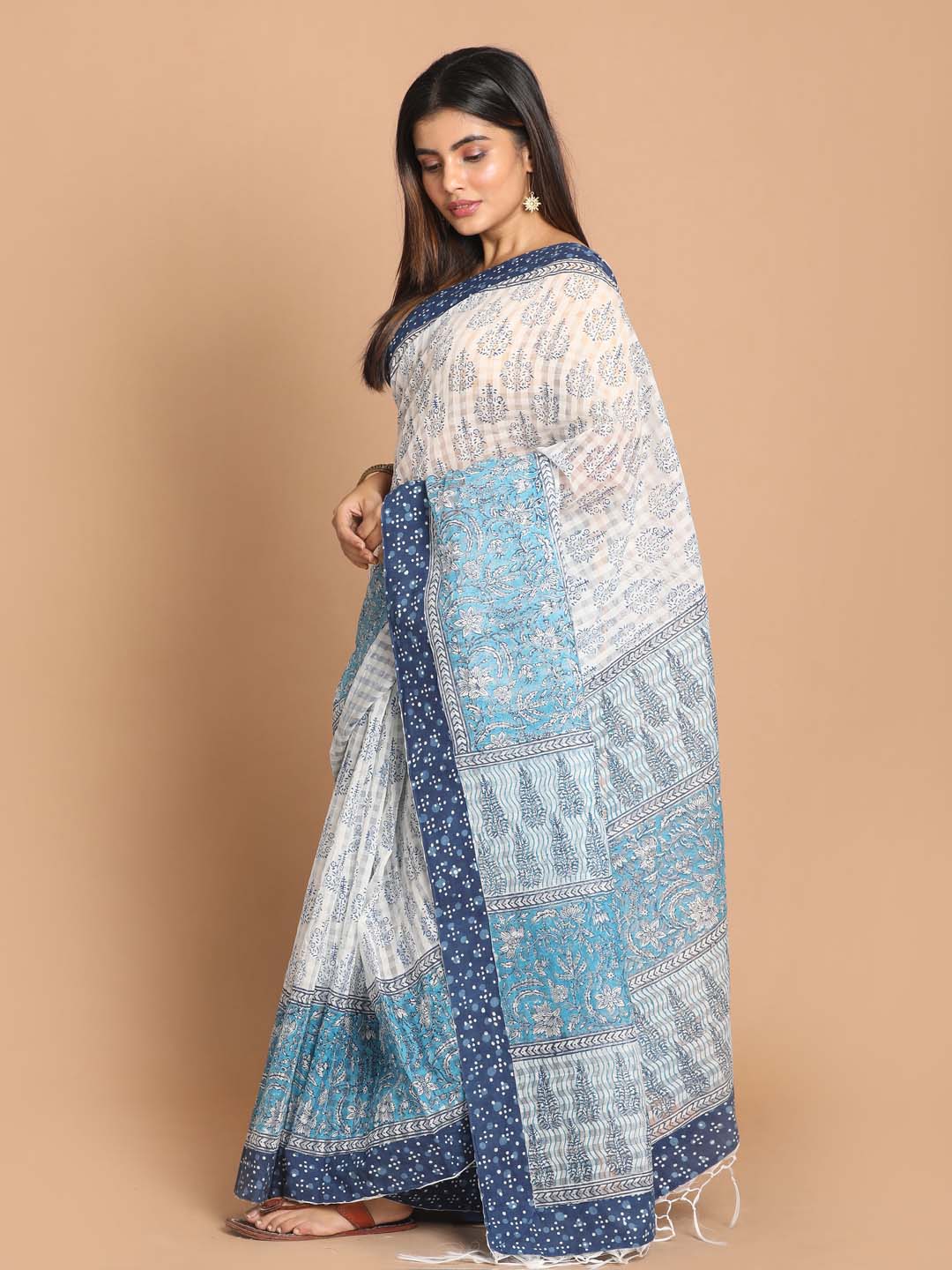 Indethnic Printed Cotton Blend Saree in Blue - View 3