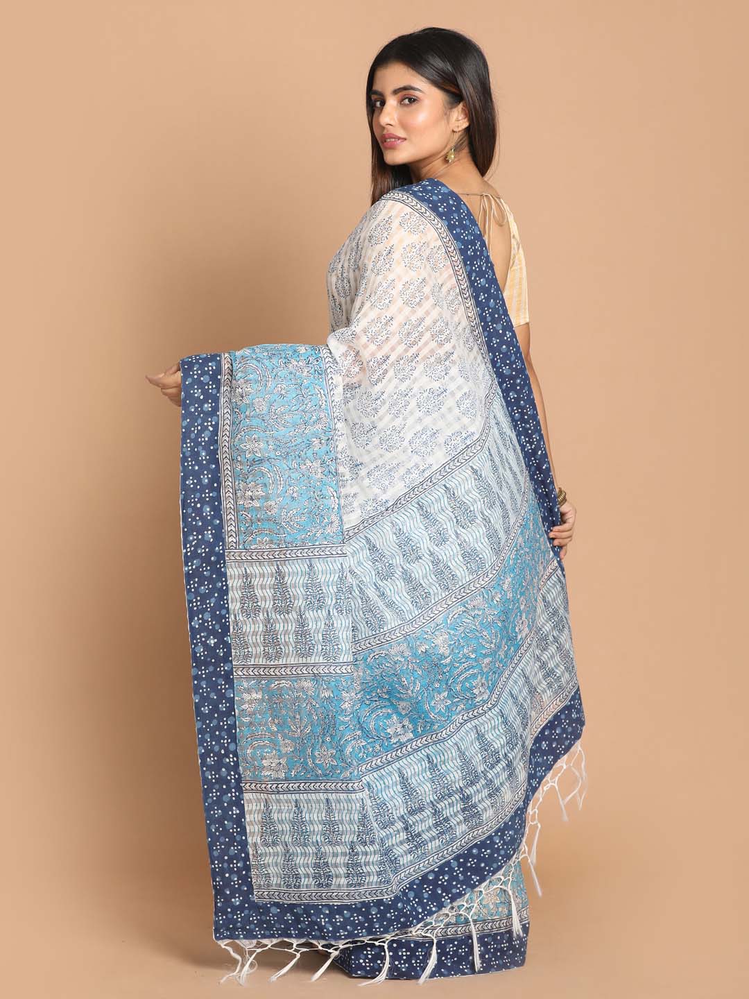 Indethnic Printed Cotton Blend Saree in Blue - View 2