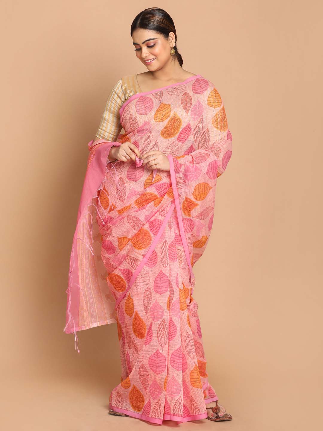 Indethnic Printed Cotton Blend Saree in Coral - View 1