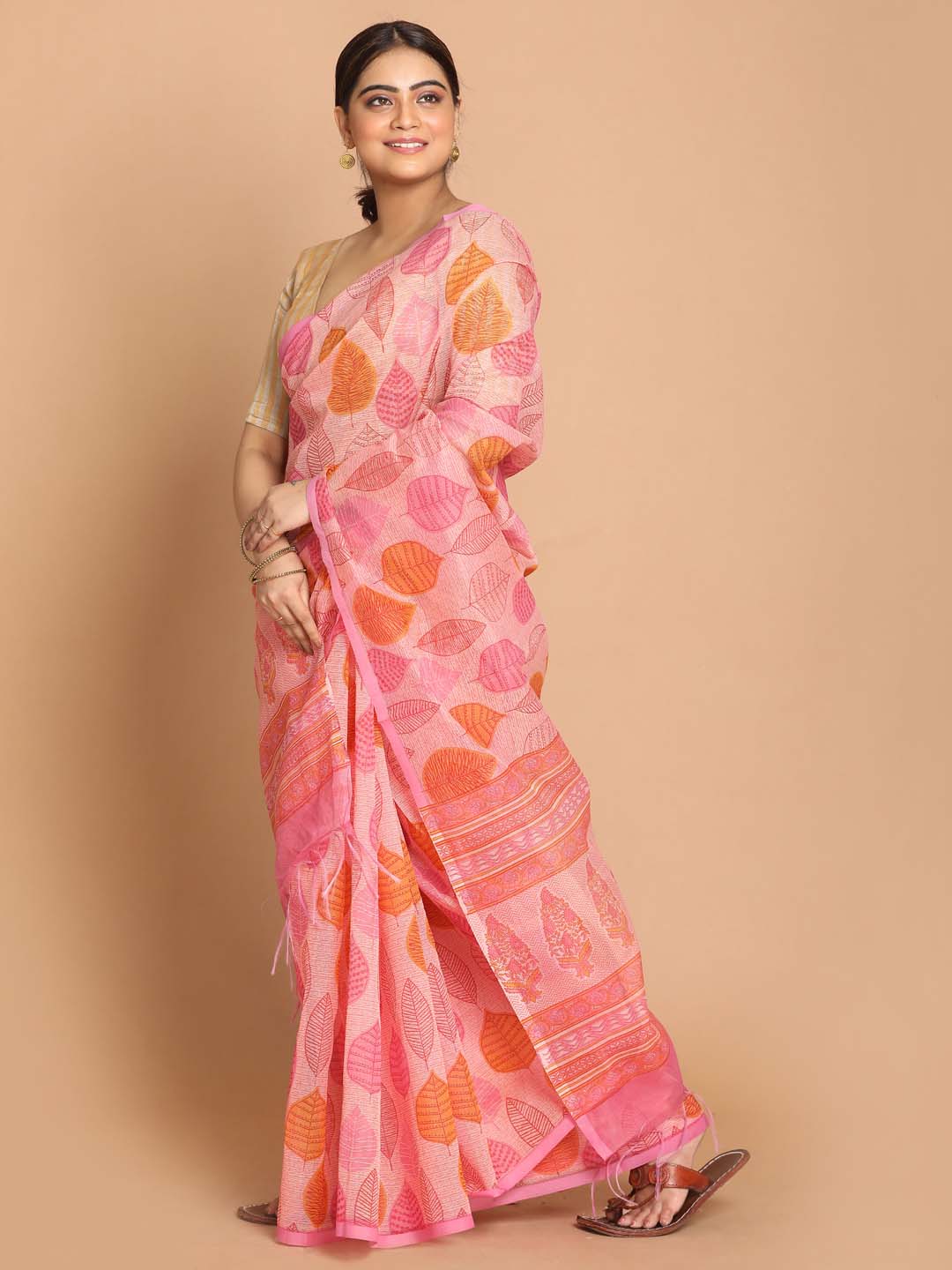 Indethnic Printed Cotton Blend Saree in Coral - View 2