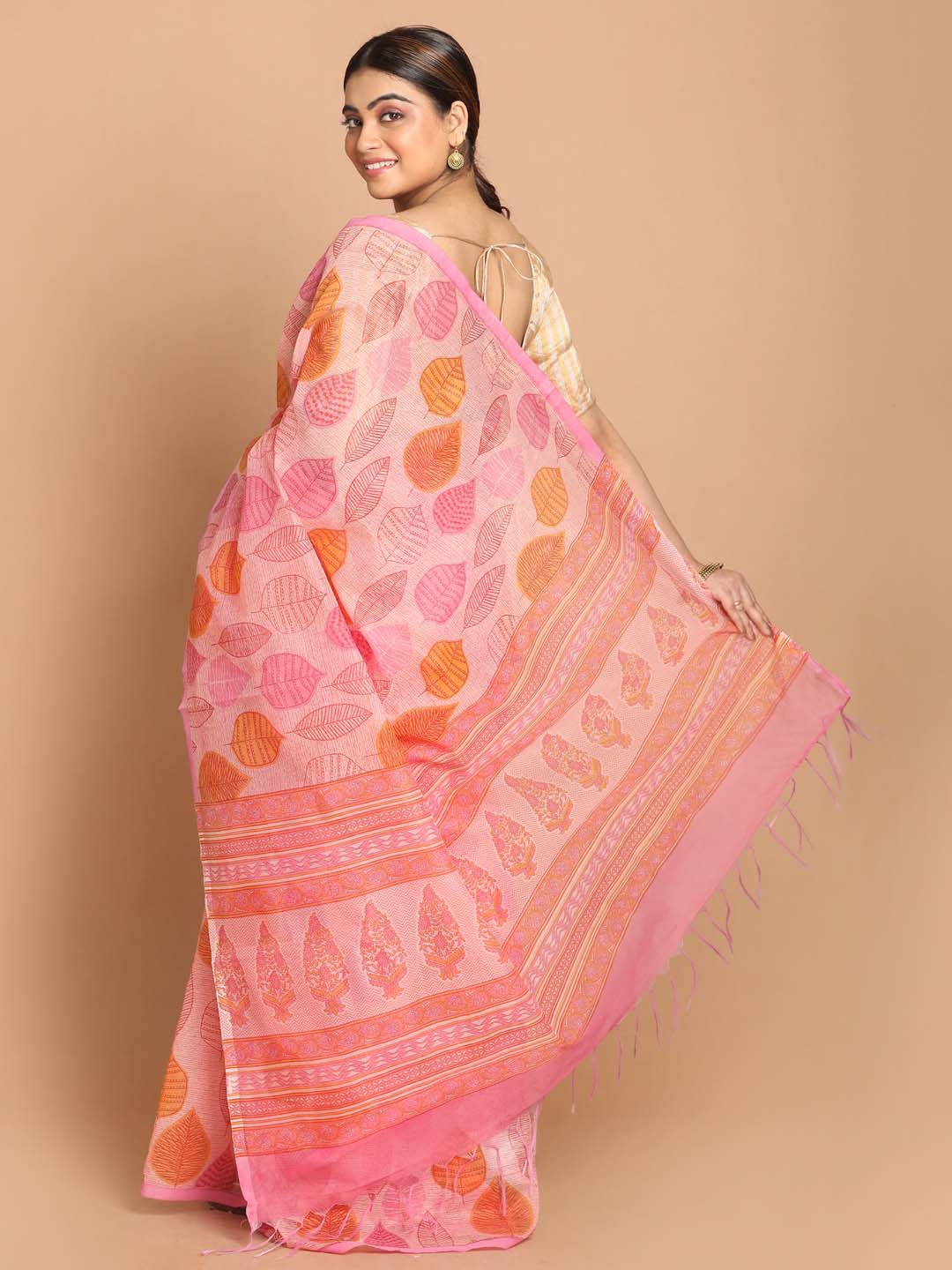 Indethnic Printed Cotton Blend Saree in Coral - View 3