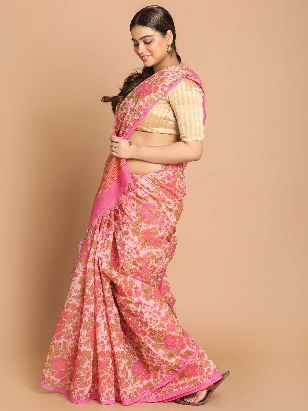 Indethnic Printed Cotton Blend Saree in Coral - View 1