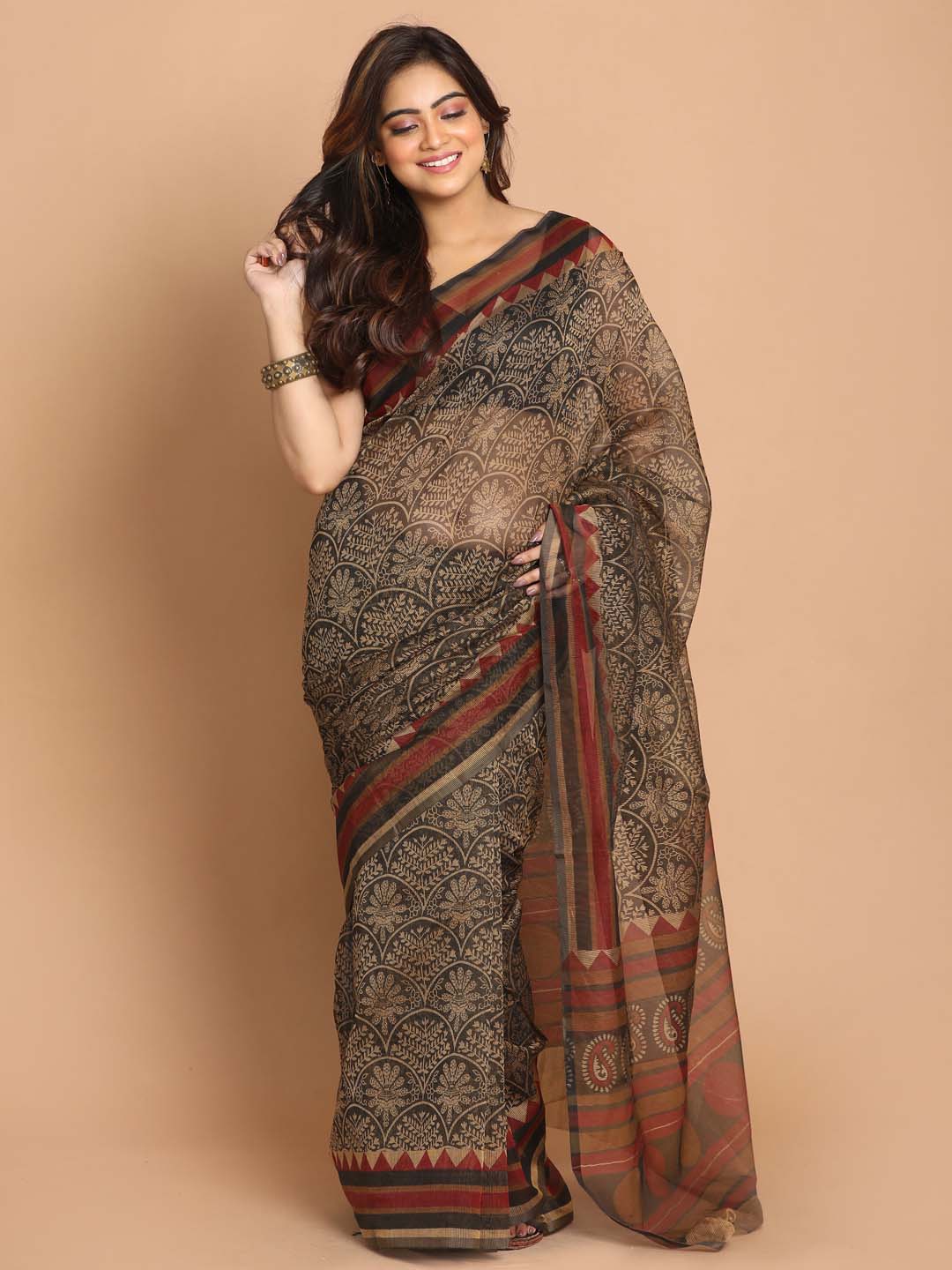 Indethnic Printed Cotton Blend Saree in Gold - View 1