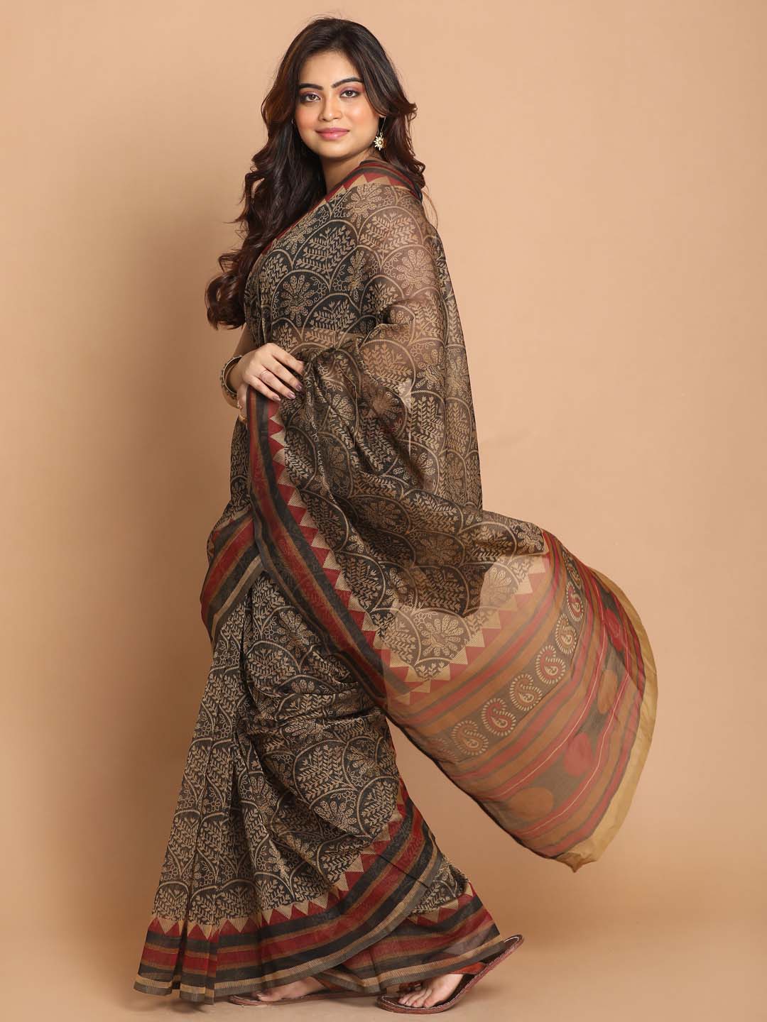 Indethnic Printed Cotton Blend Saree in Gold - View 1