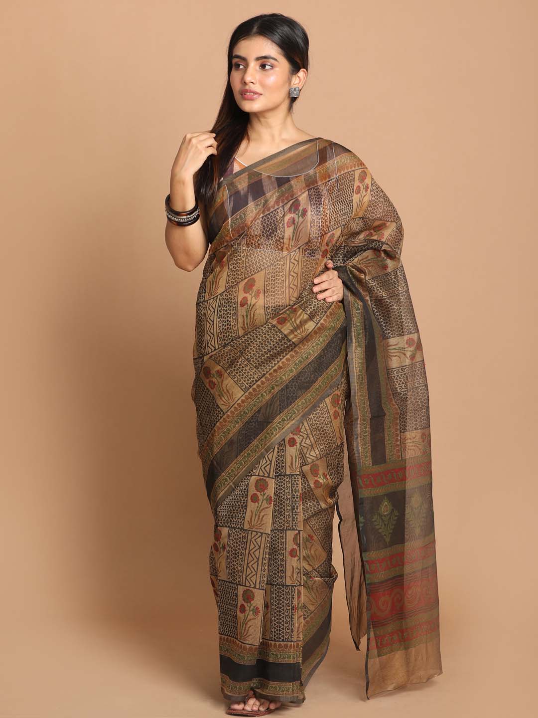 Indethnic Printed Cotton Blend Saree in Gold - View 1