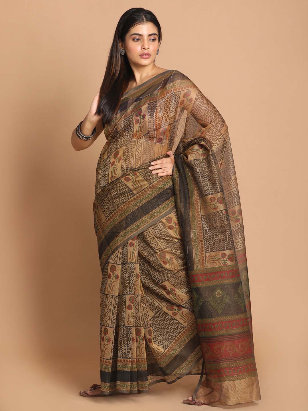 Indethnic Printed Cotton Blend Saree in Gold - View 2