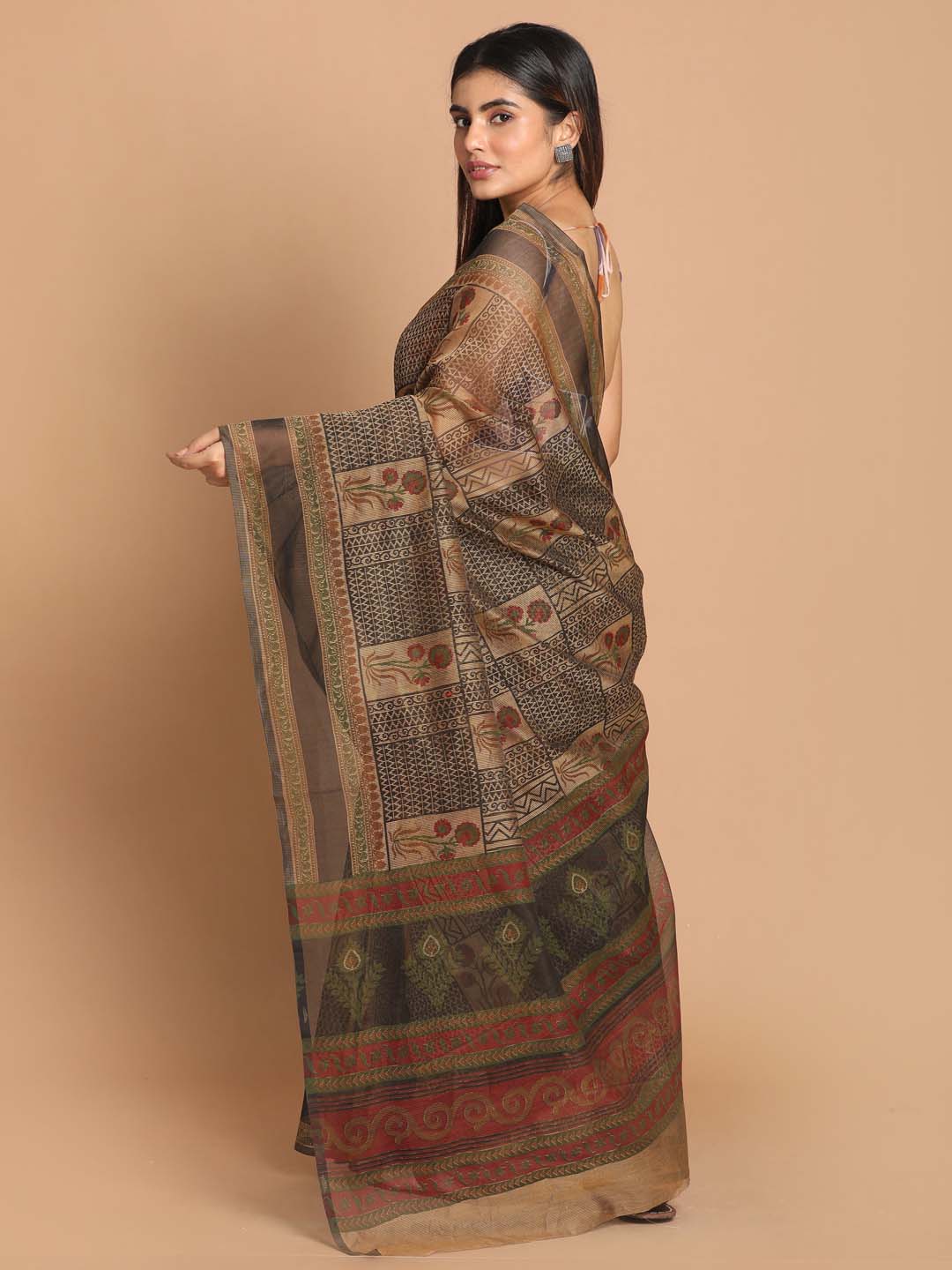 Indethnic Printed Cotton Blend Saree in Gold - View 3