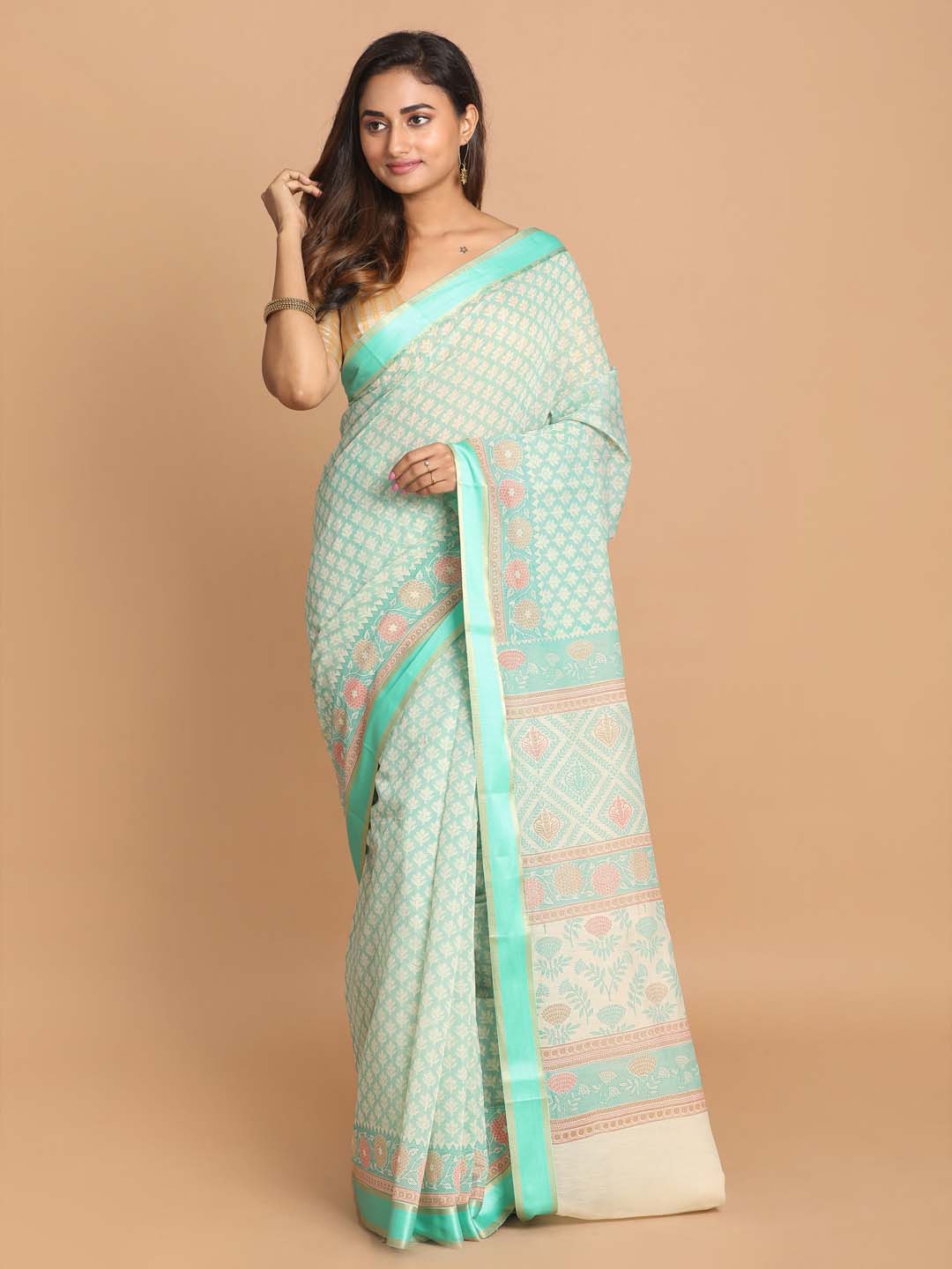 Indethnic Printed Cotton Blend Saree in Green - View 1