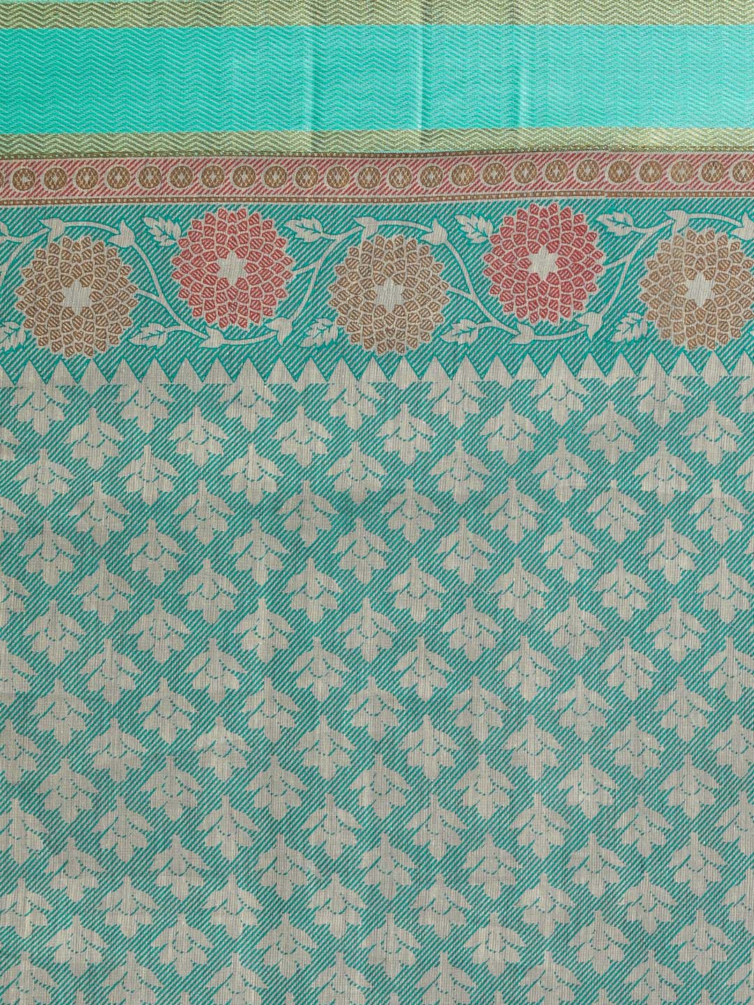 Indethnic Printed Cotton Blend Saree in Green - Saree Detail View