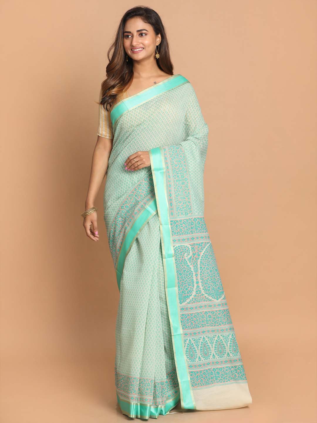 Indethnic Printed Cotton Blend Saree in Green - View 1