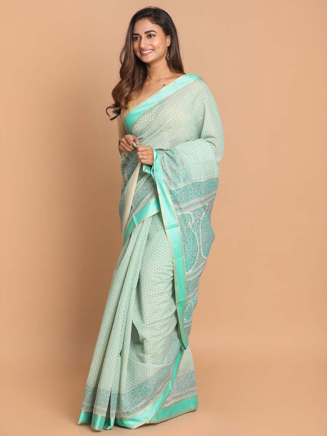 Indethnic Printed Cotton Blend Saree in Green - View 2