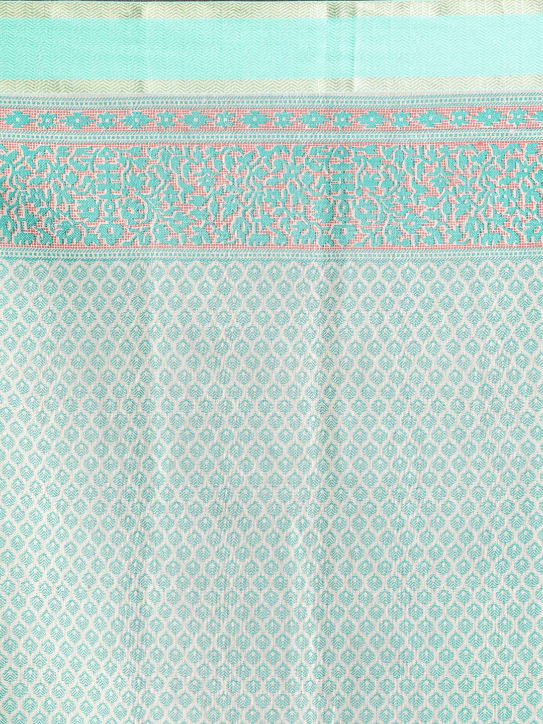 Indethnic Printed Cotton Blend Saree in Green - Saree Detail View