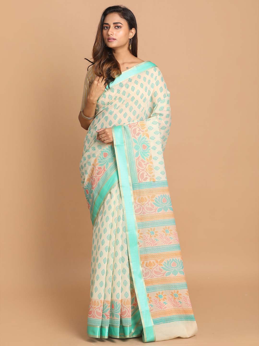 Indethnic Printed Cotton Blend Saree in Green - View 1