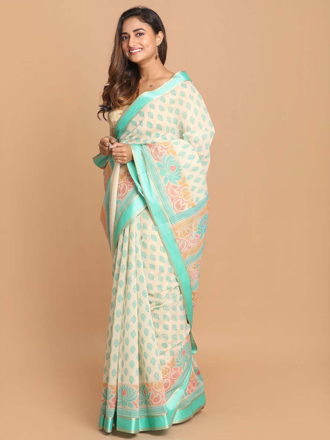 Indethnic Printed Cotton Blend Saree in Green - View 2