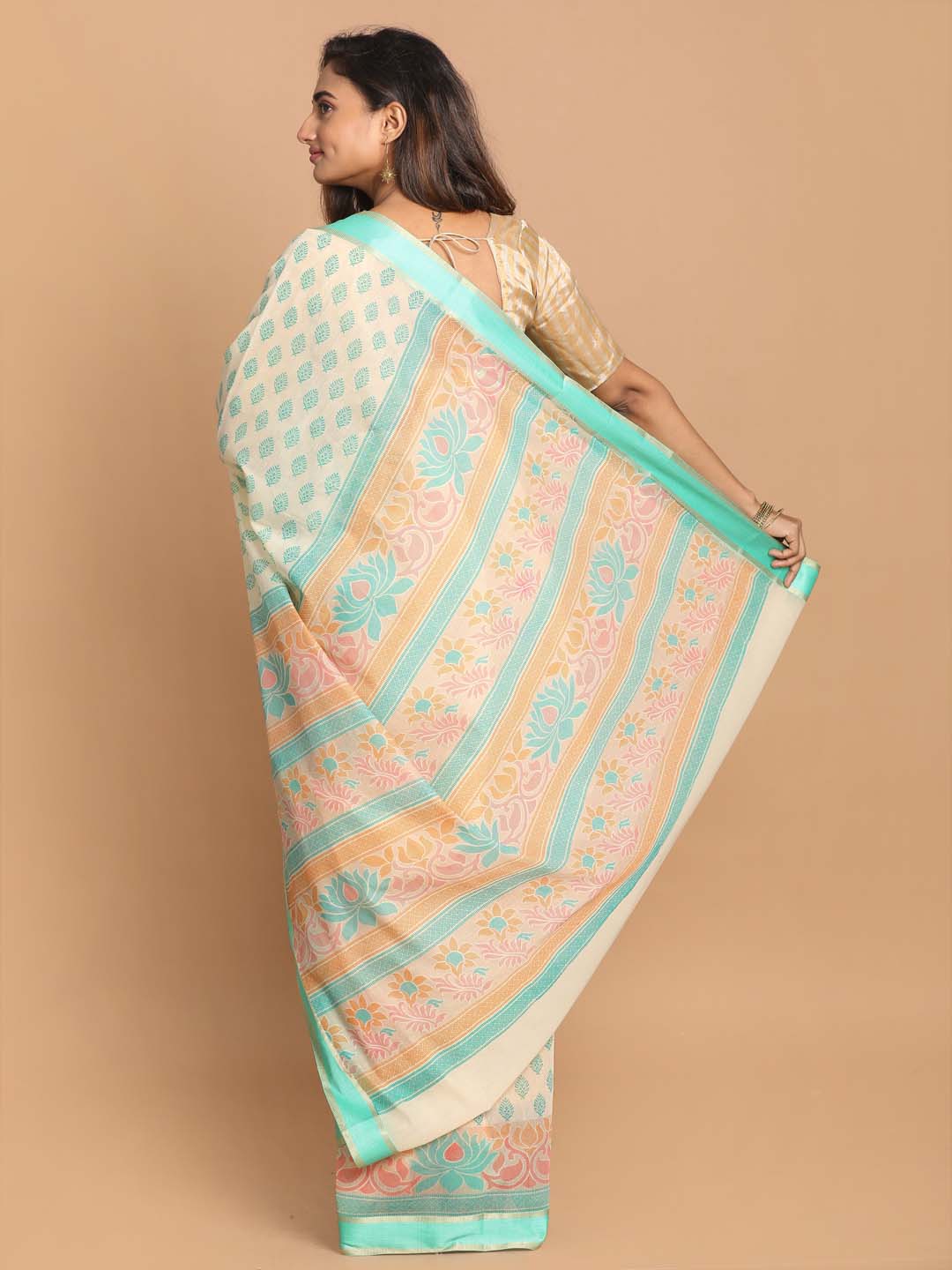 Indethnic Printed Cotton Blend Saree in Green - View 3