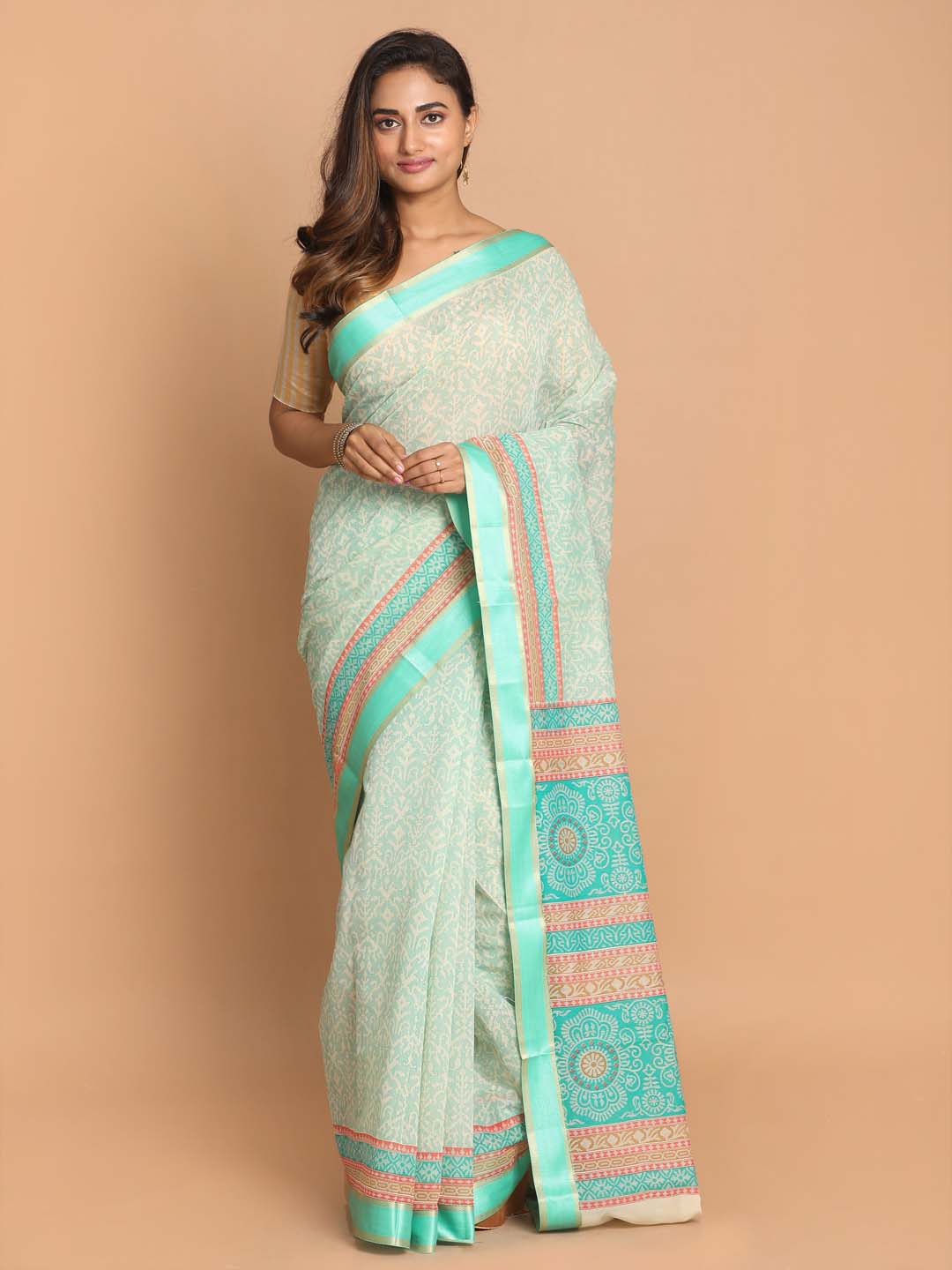 Indethnic Printed Cotton Blend Saree in Green - View 1