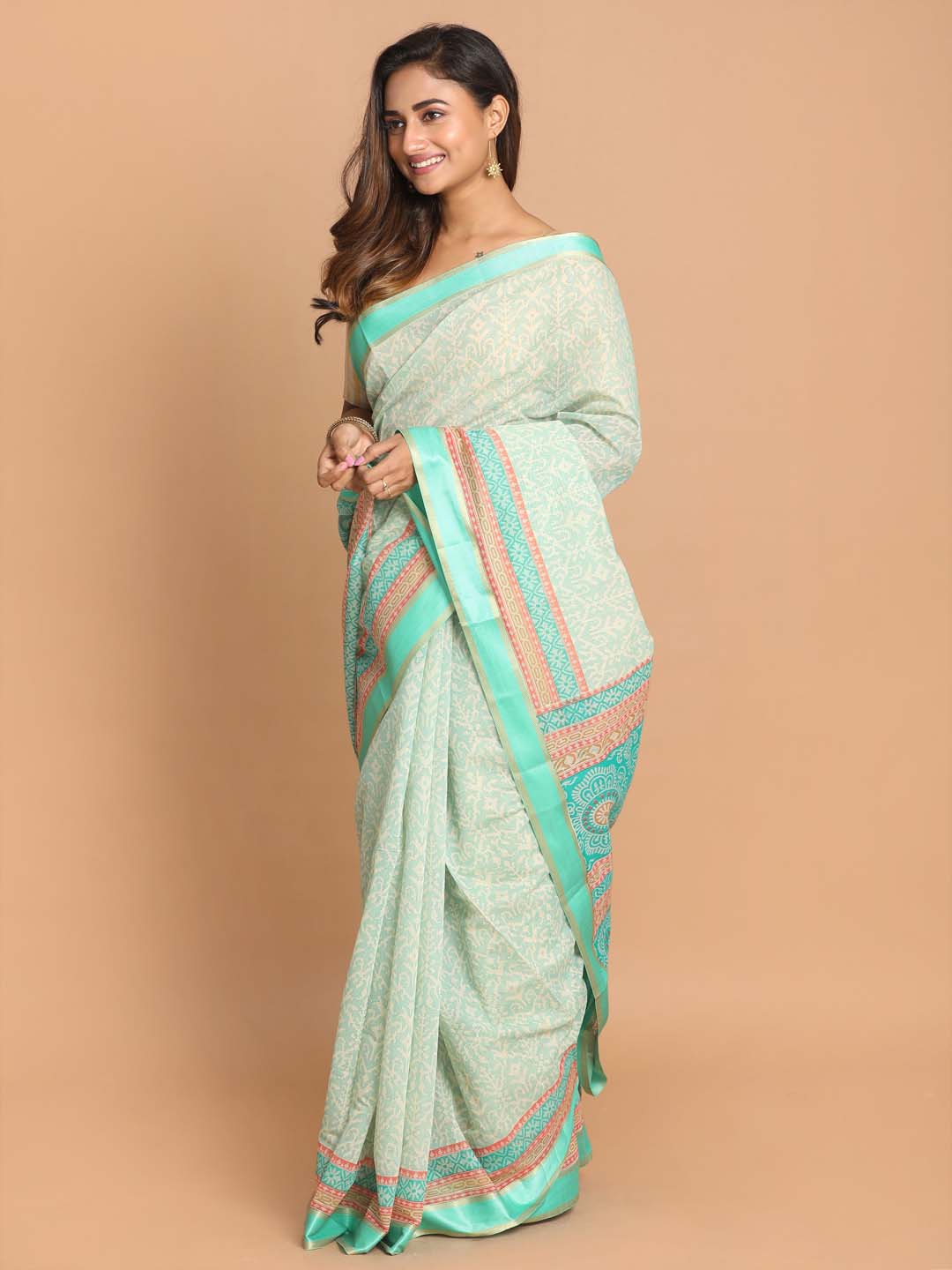 Indethnic Printed Cotton Blend Saree in Green - View 2