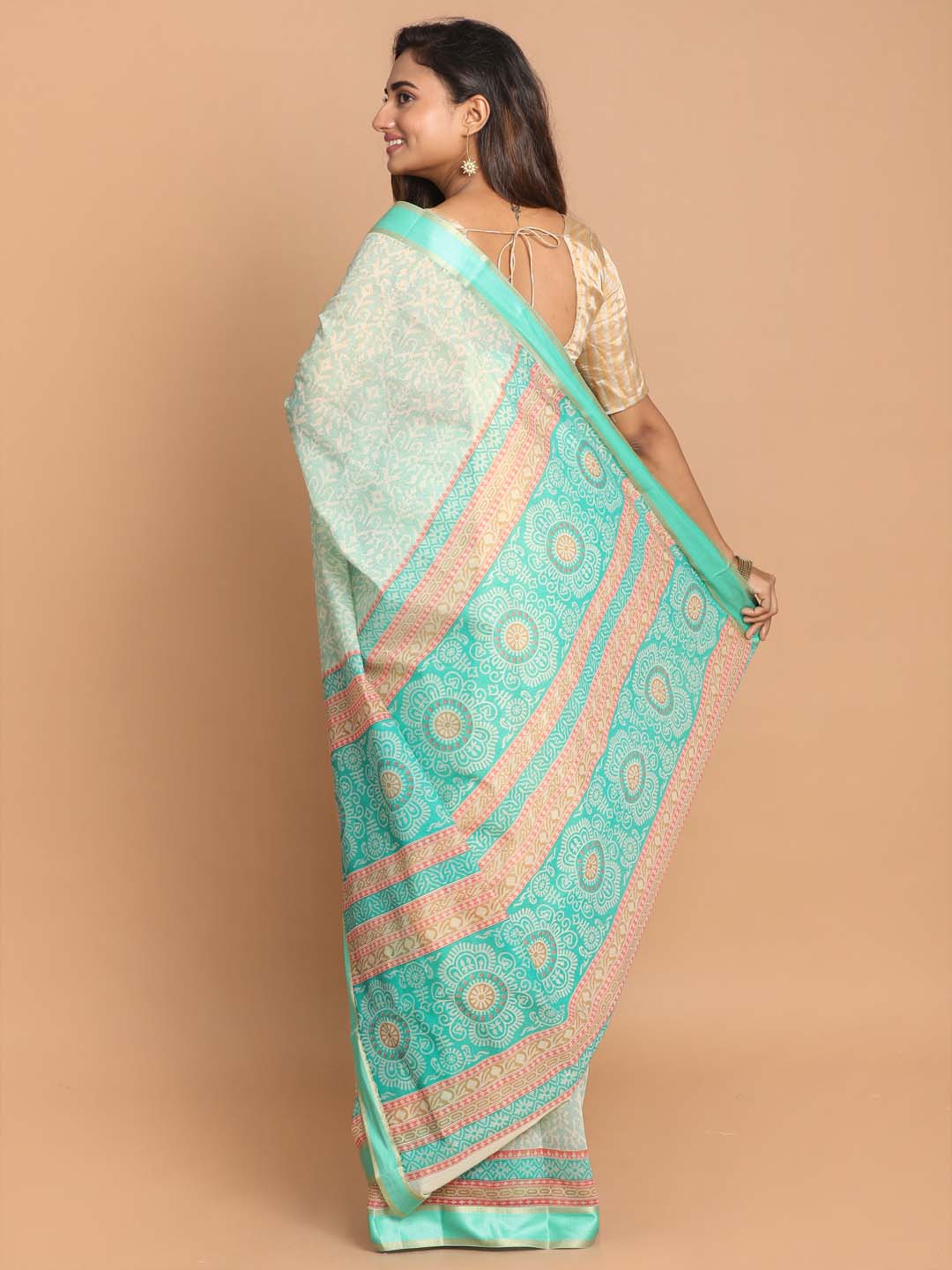 Indethnic Printed Cotton Blend Saree in Green - View 3