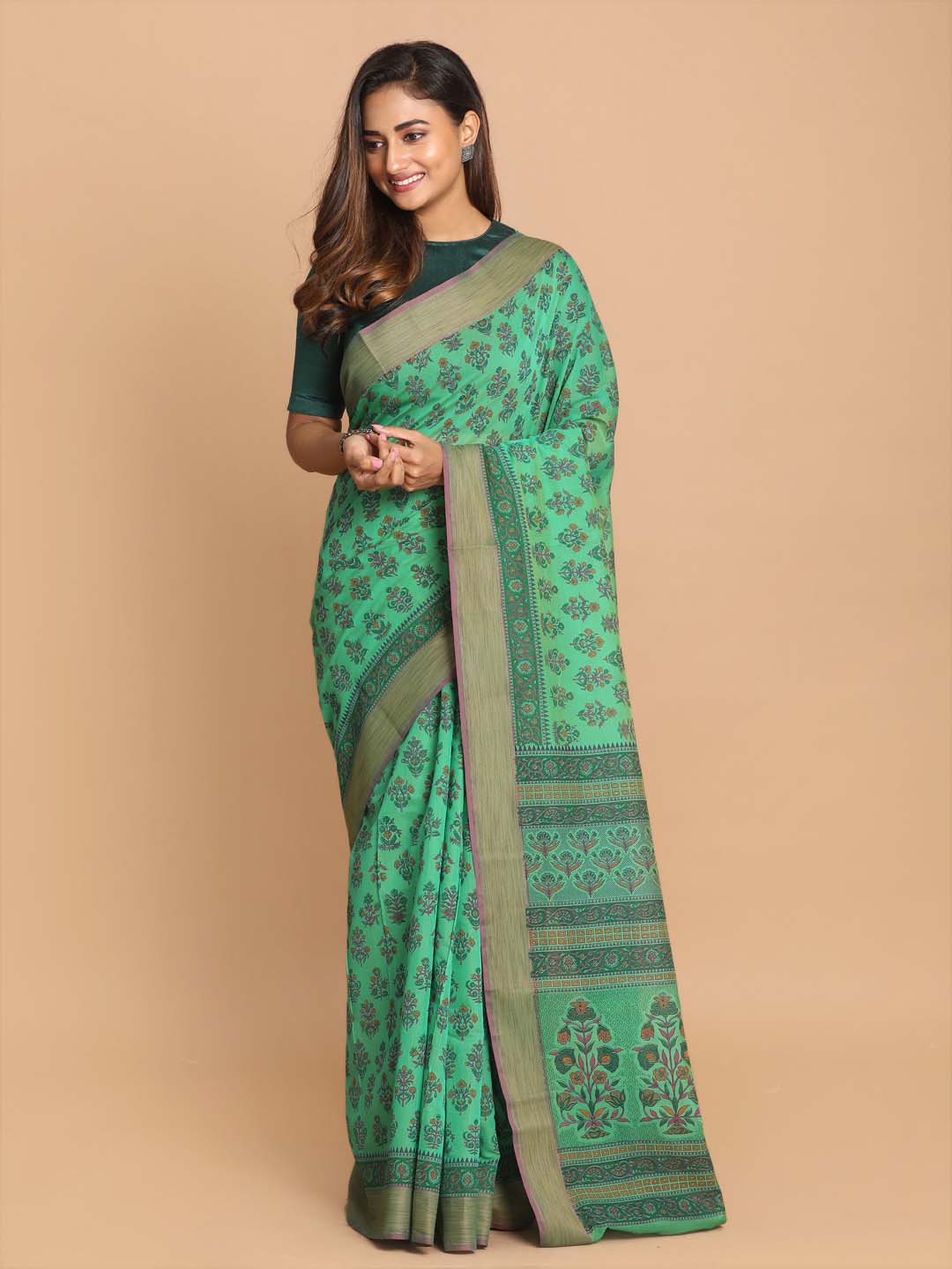 Indethnic Printed Cotton Blend Saree in Green - View 1