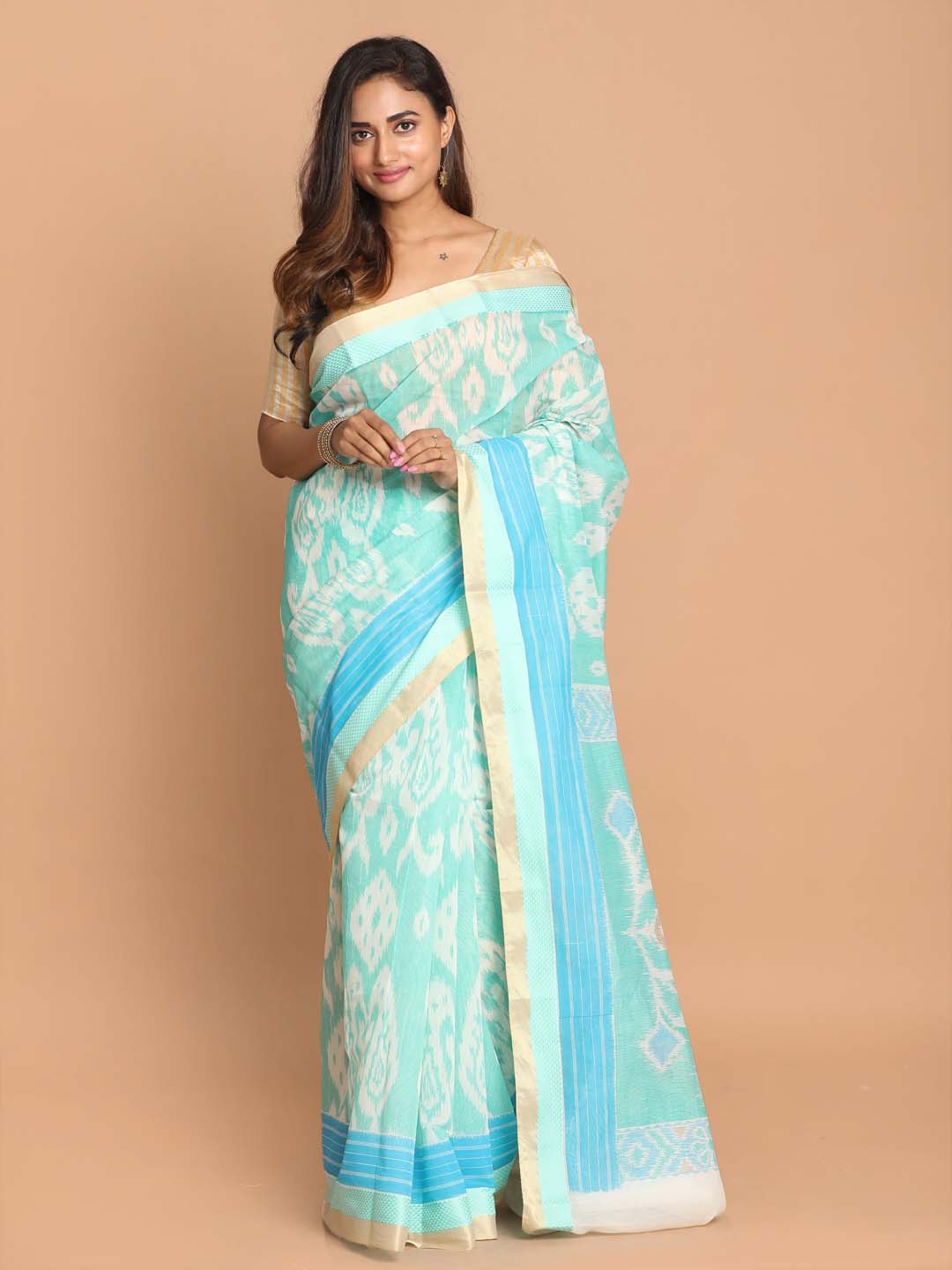 Indethnic Printed Cotton Blend Saree in Green - View 1