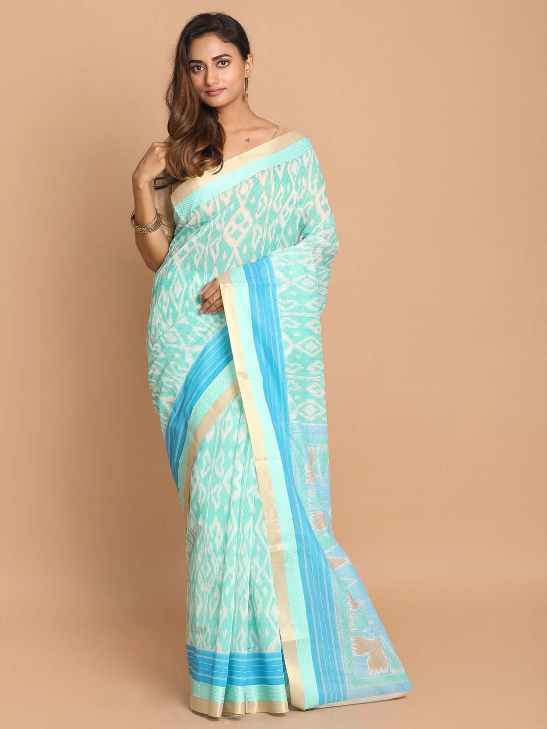 Indethnic Printed Cotton Blend Saree in Green - View 1