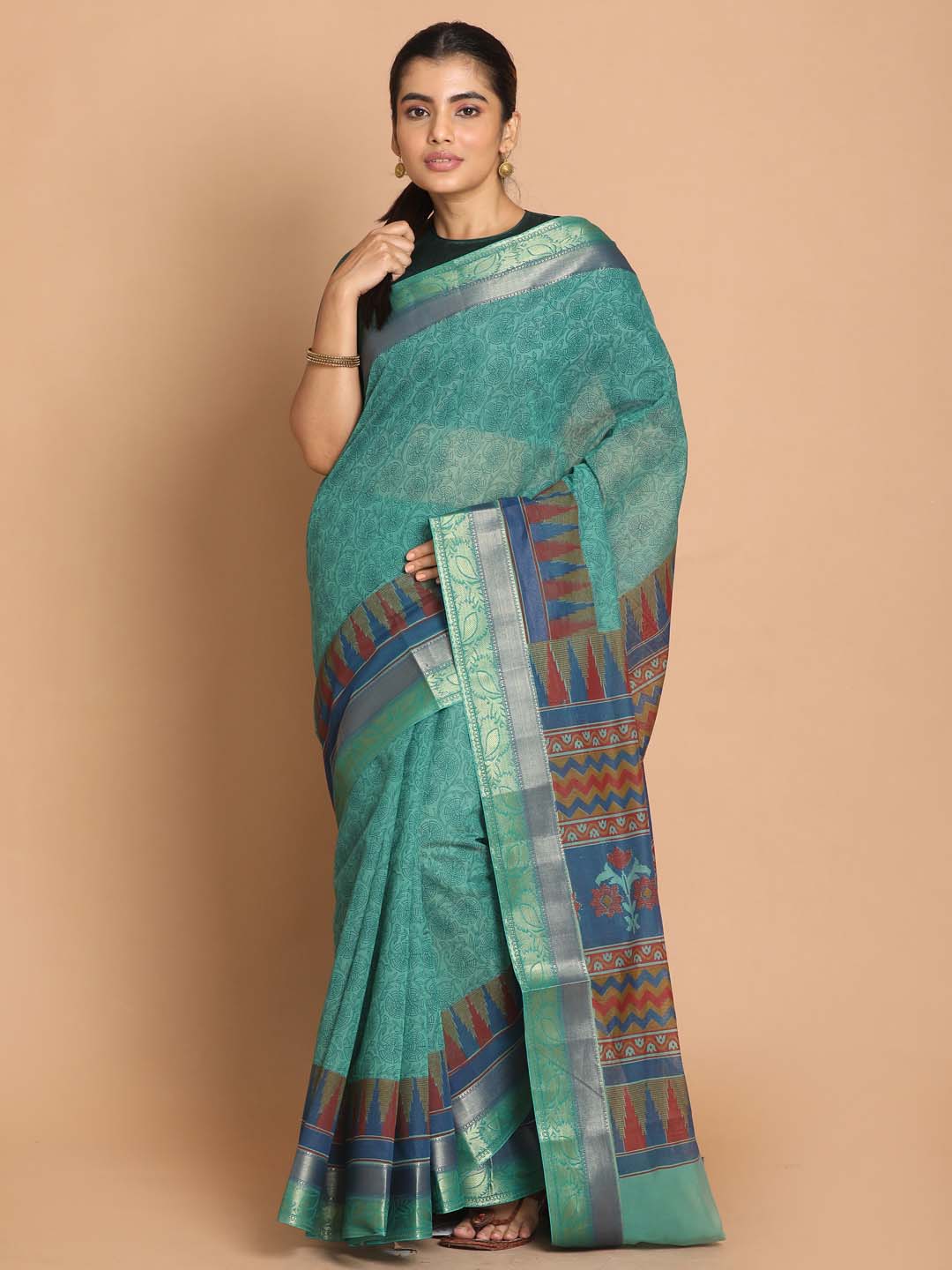 Indethnic Printed Cotton Blend Saree in Green - View 1