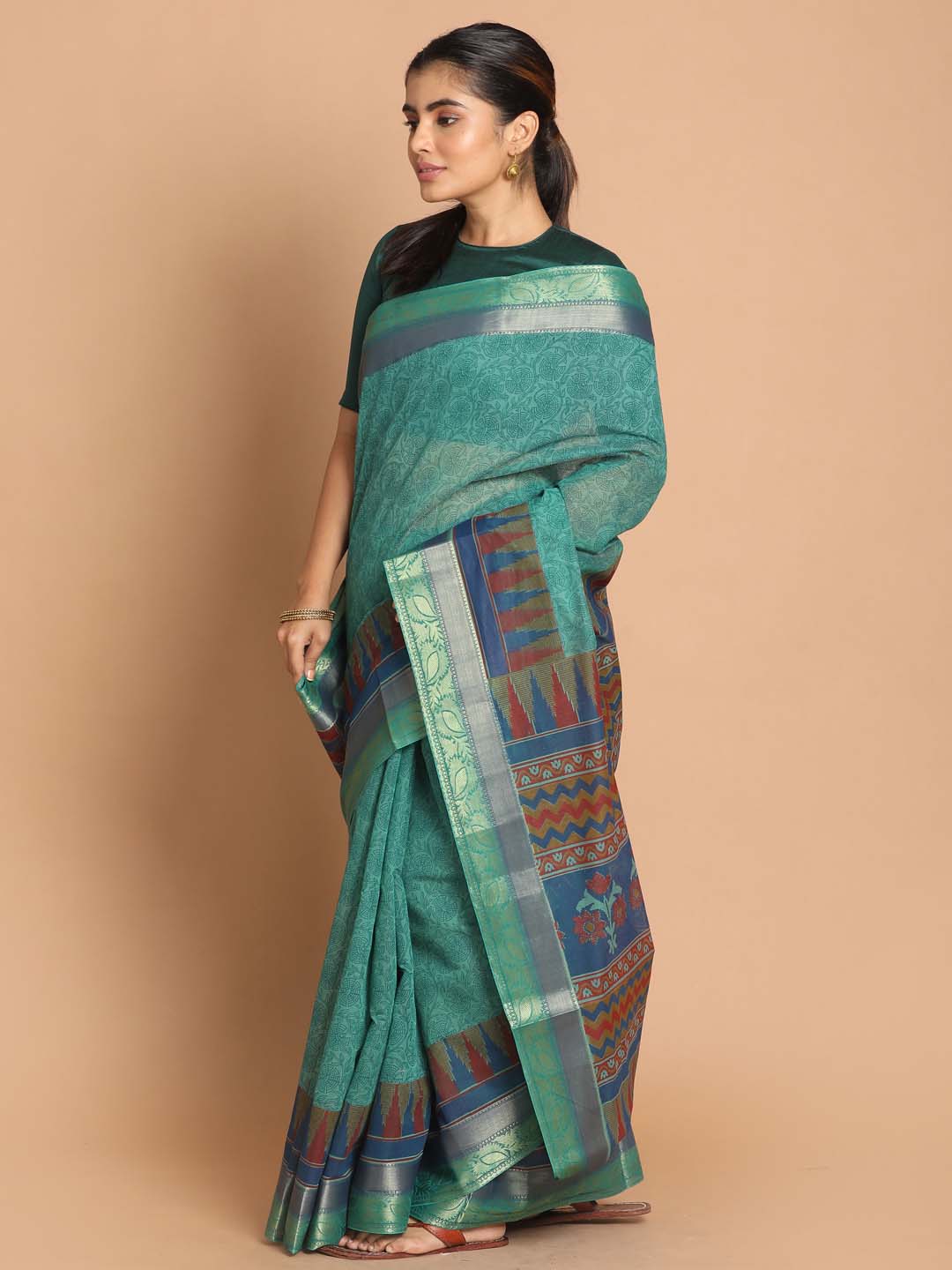 Indethnic Printed Cotton Blend Saree in Green - View 2