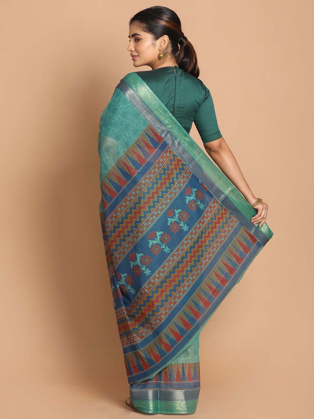 Indethnic Printed Cotton Blend Saree in Green - View 3