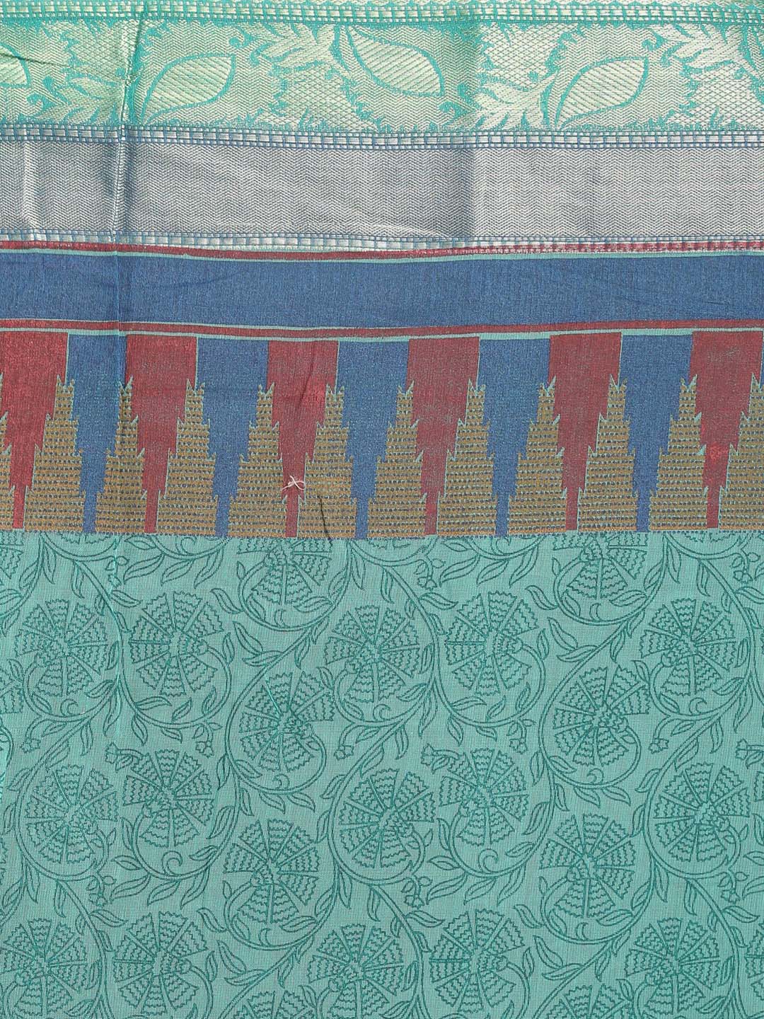 Indethnic Printed Cotton Blend Saree in Green - Saree Detail View