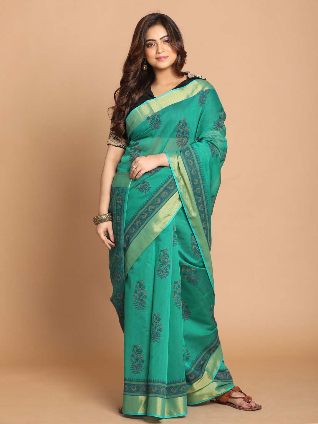 Indethnic Printed Cotton Blend Saree in Green - View 1