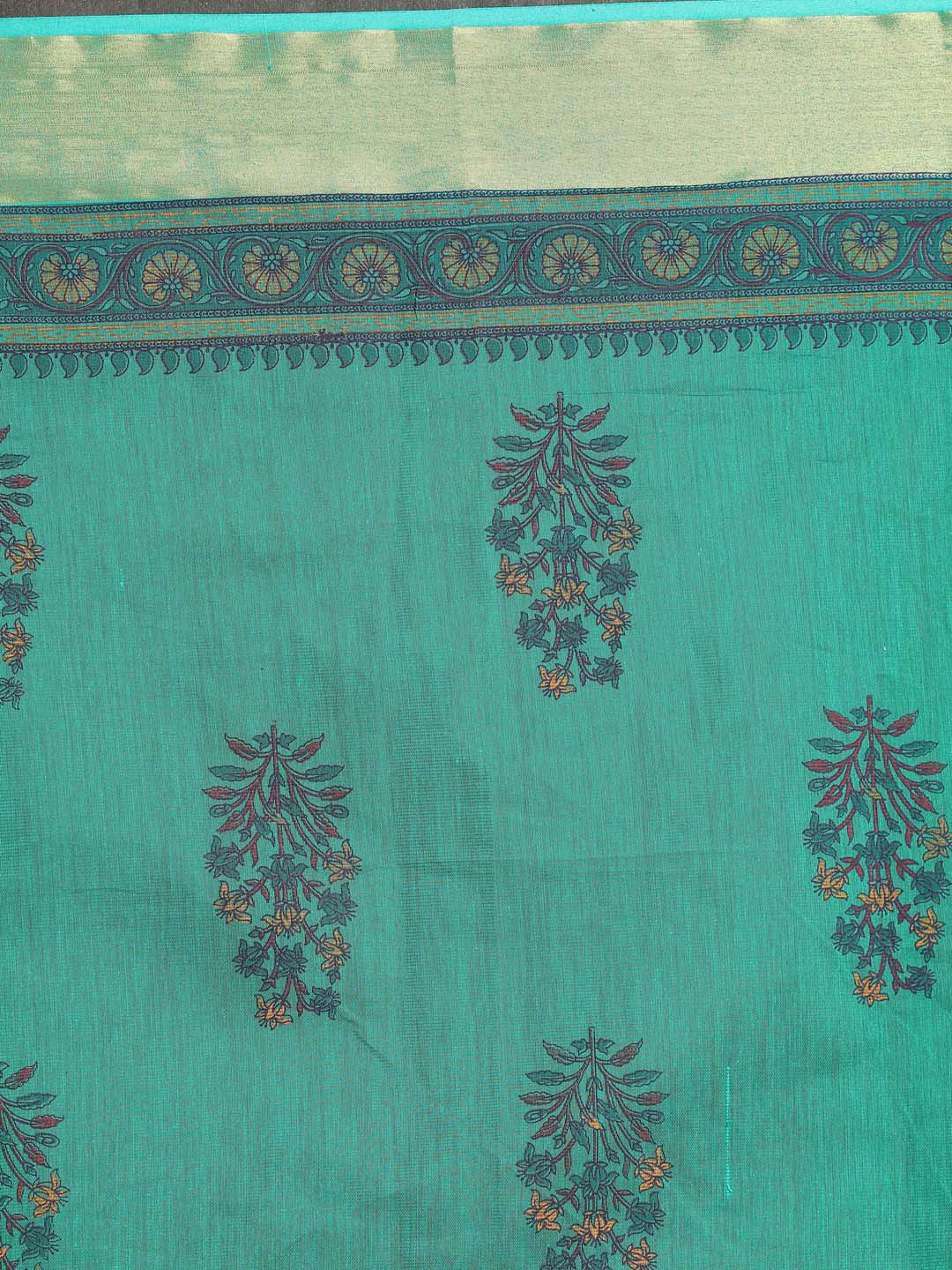 Indethnic Printed Cotton Blend Saree in Green - Saree Detail View