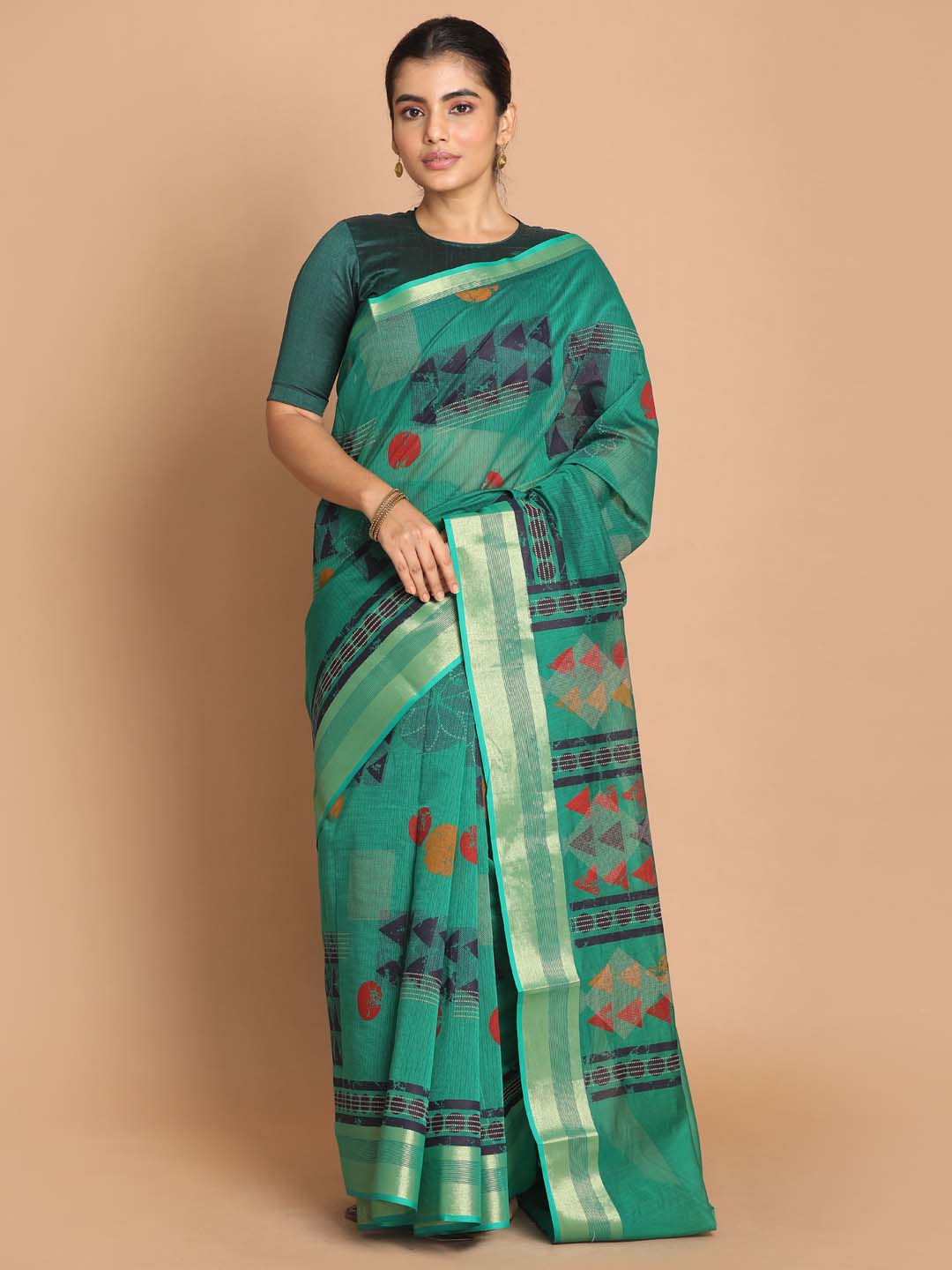 Indethnic Printed Cotton Blend Saree in Green - View 1