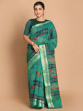 Indethnic Printed Cotton Blend Saree in Green - View 1