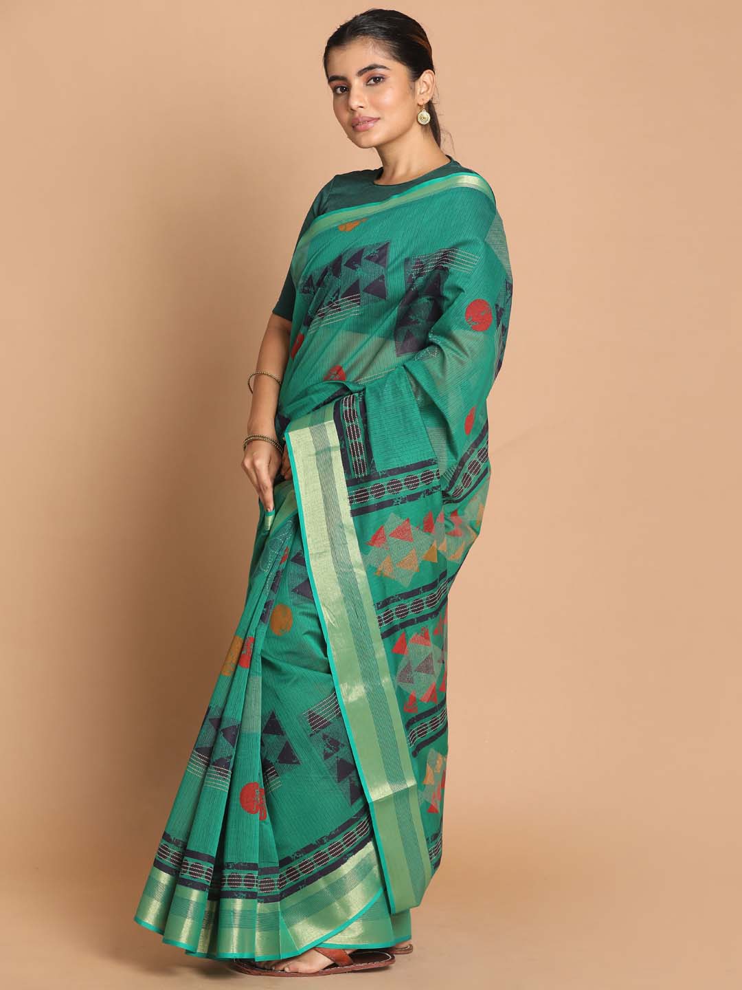 Indethnic Printed Cotton Blend Saree in Green - View 2