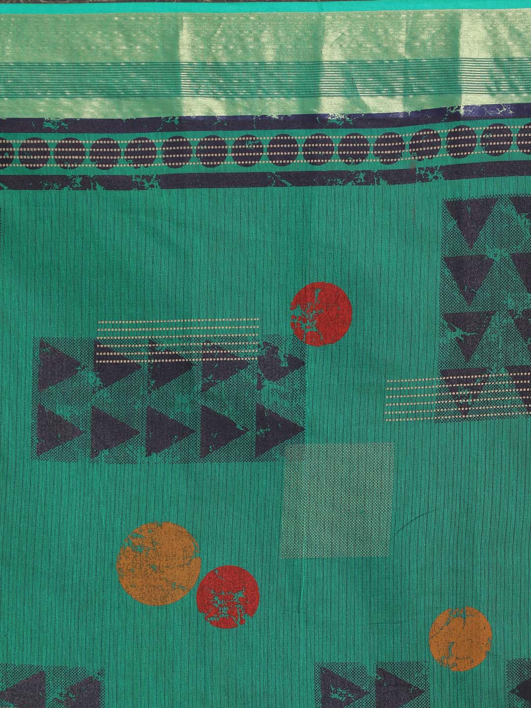 Indethnic Printed Cotton Blend Saree in Green - Saree Detail View