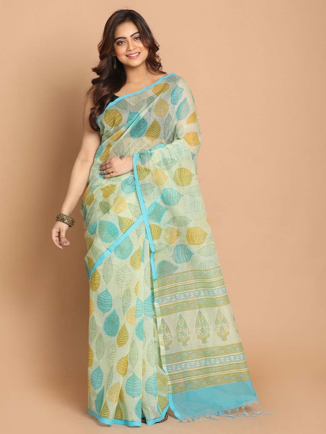 Indethnic Printed Cotton Blend Saree in Green - View 1