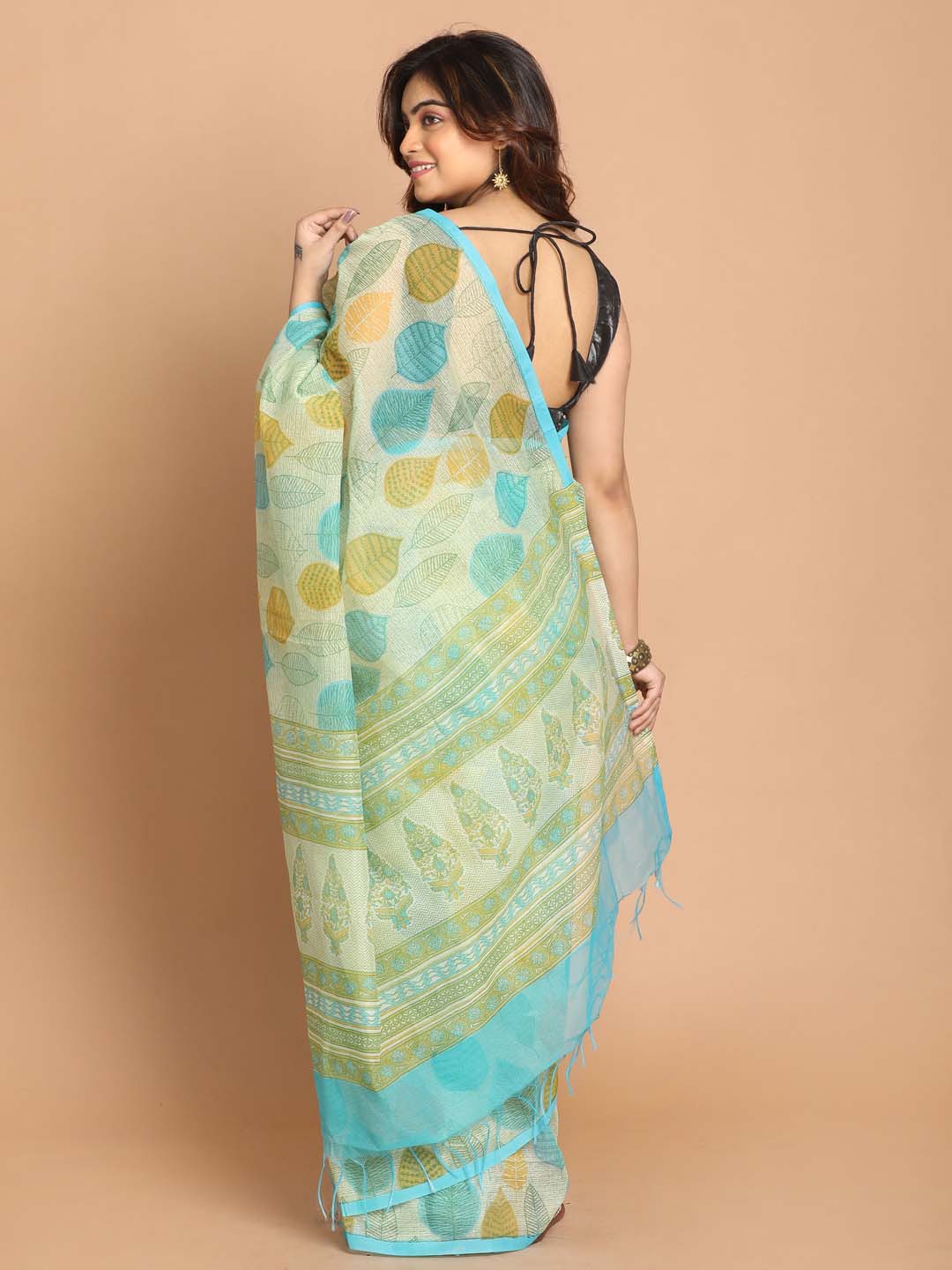 Indethnic Printed Cotton Blend Saree in Green - View 3