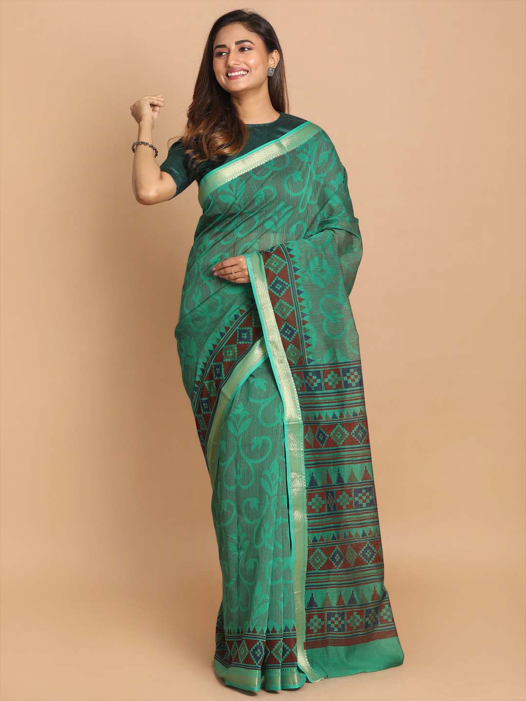 Indethnic Printed Cotton Blend Saree in Green - View 1