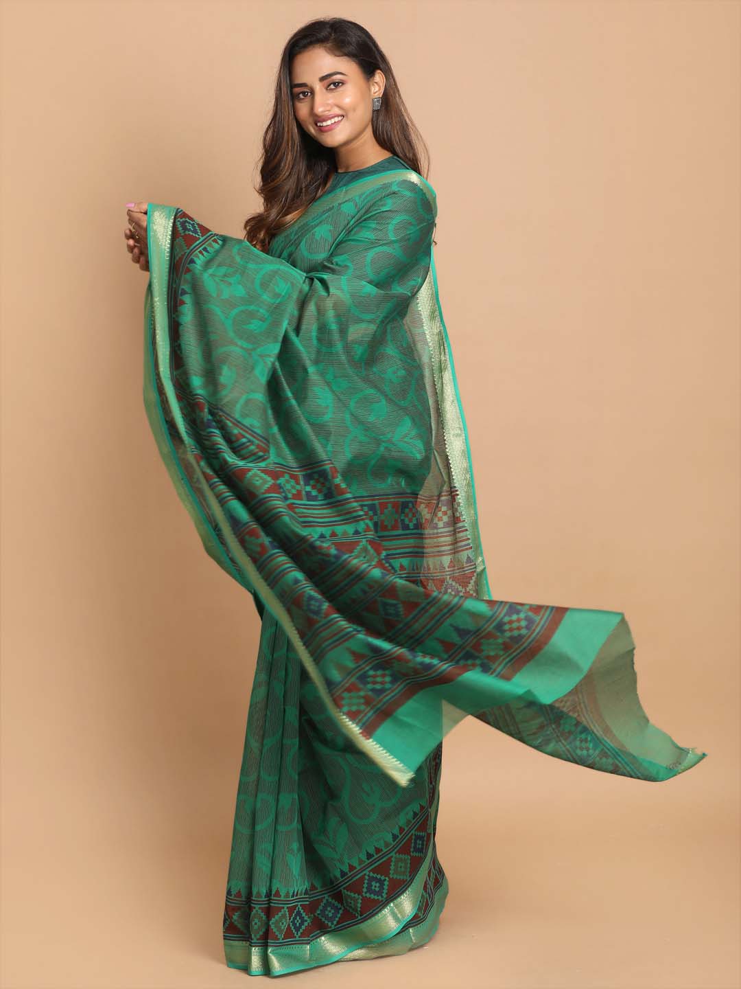 Indethnic Printed Cotton Blend Saree in Green - View 2