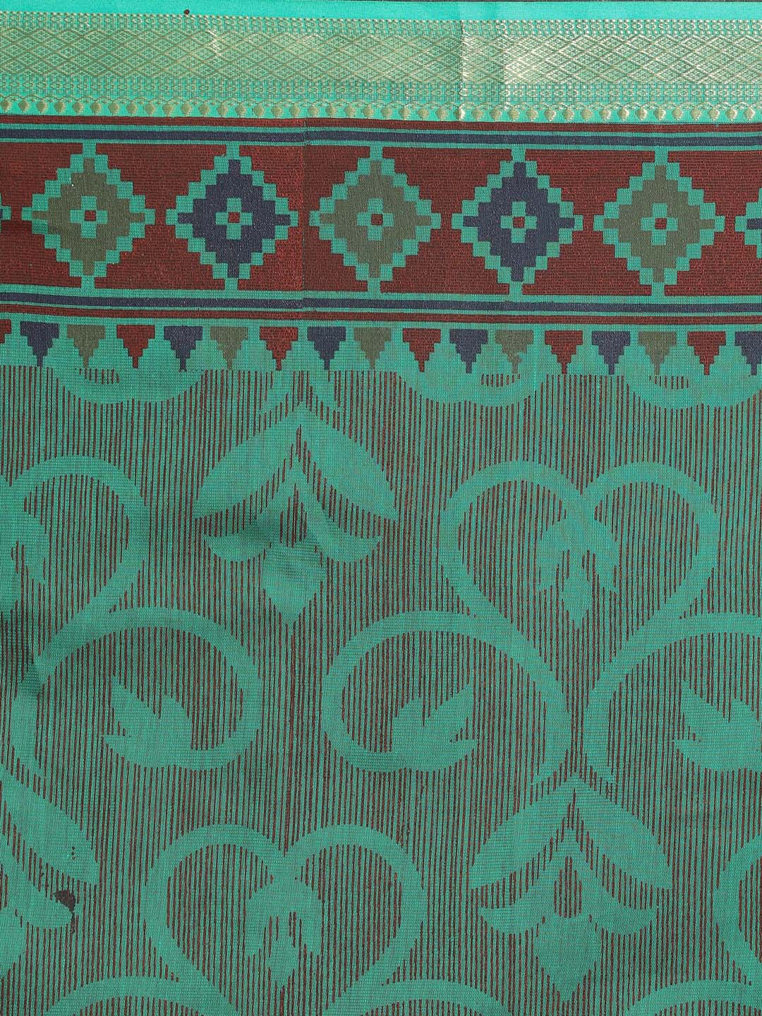 Indethnic Printed Cotton Blend Saree in Green - Saree Detail View